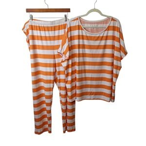AnyBody Womens 3X Regular Lush Jersey Printed Sleep Set Tangerine Stripe Stretch